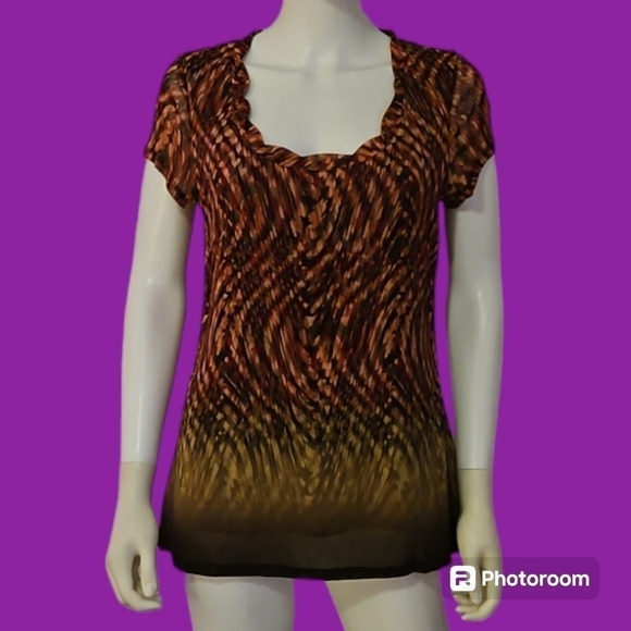 3/$30 Vtg AXCESS Brown Ombre Swirl Mesh Overlay Short Sleeve Scoop Neck Blouse - Picture 1 of 9